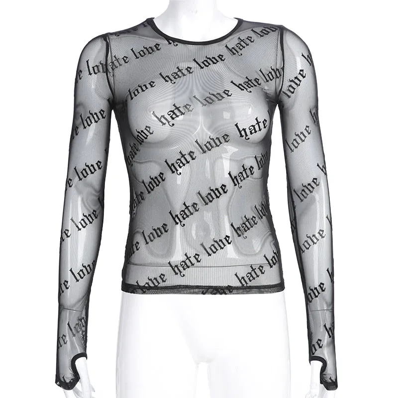 'Loves Me Not' Black Grunge Long Sleeve Mesh Top