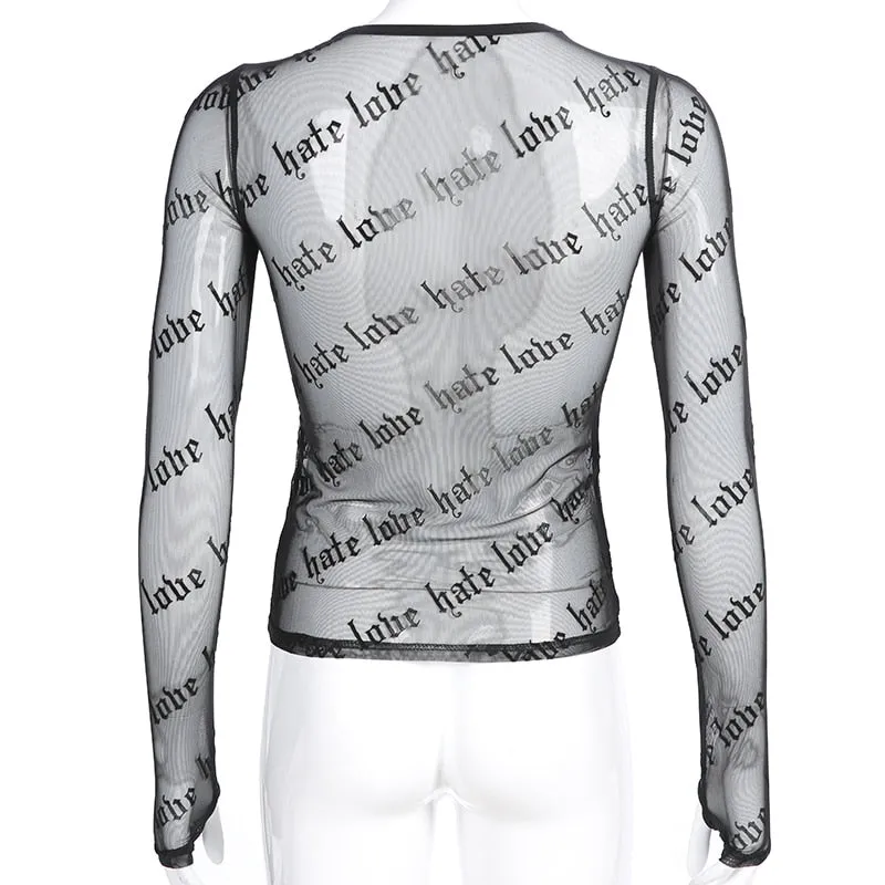 'Loves Me Not' Black Grunge Long Sleeve Mesh Top