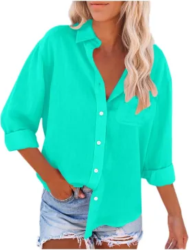 LRMQS Linen Shirts for Women with Pockets Long Sleeve Button Down Shirt Blouse Loose Fit Vacation Beach Work Tops Clothes