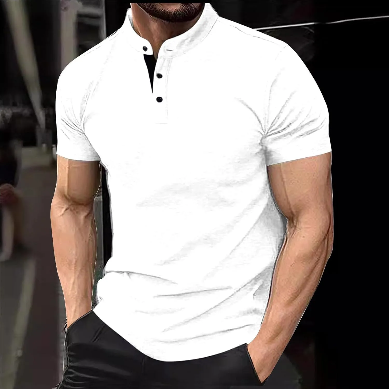 Mens Casual Polo T Shirt Zipper Button Pullover Tops Patchwork Short Sleeve Blouse Classic Golf Shirt