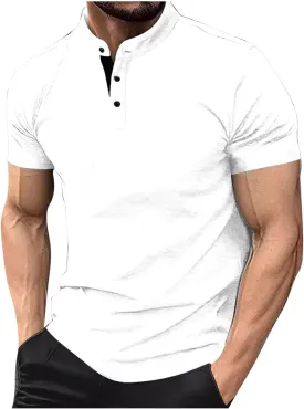 Mens Casual Polo T Shirt Zipper Button Pullover Tops Patchwork Short Sleeve Blouse Classic Golf Shirt