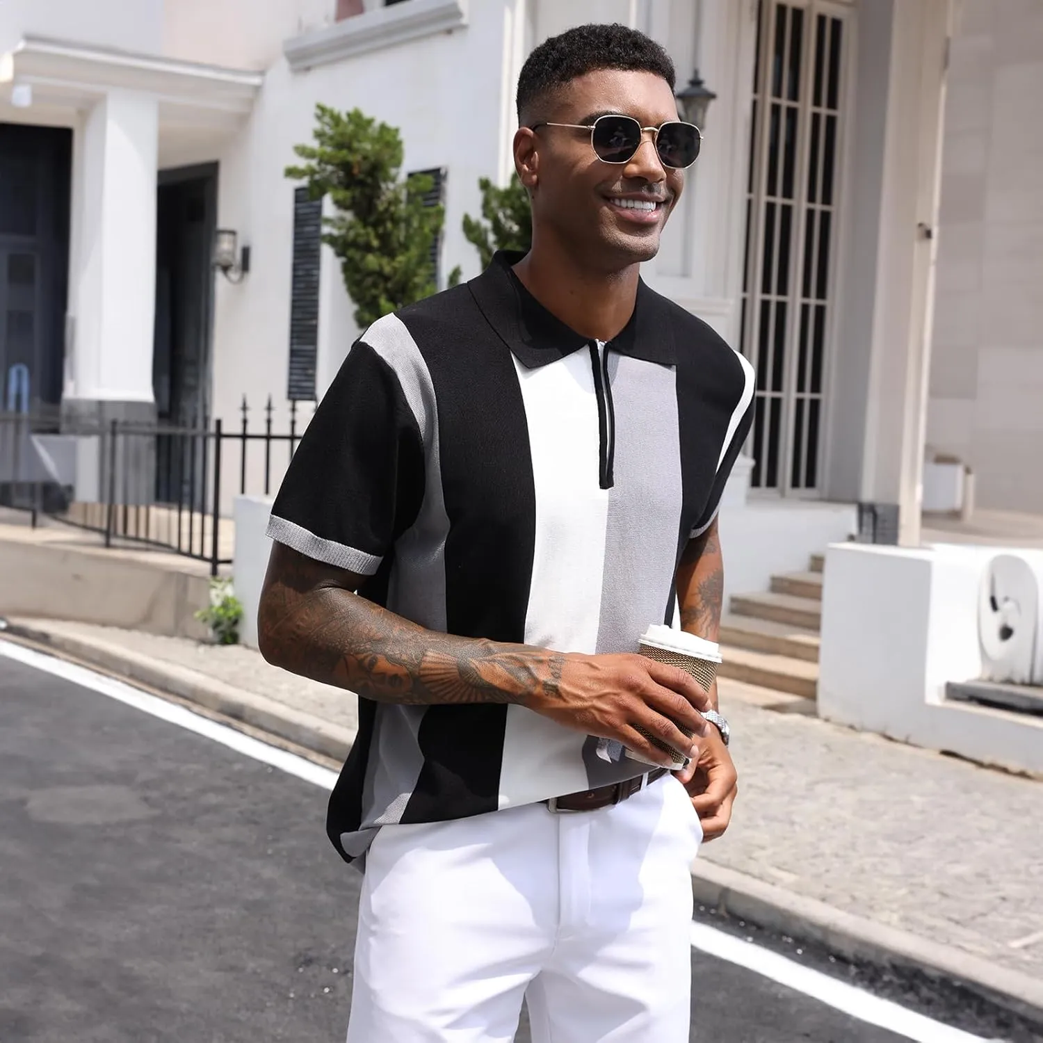 Men's Fashion Polo Shirts Vintage Striped Knitting Shirts Casual Slim Fit Golf Shirts
