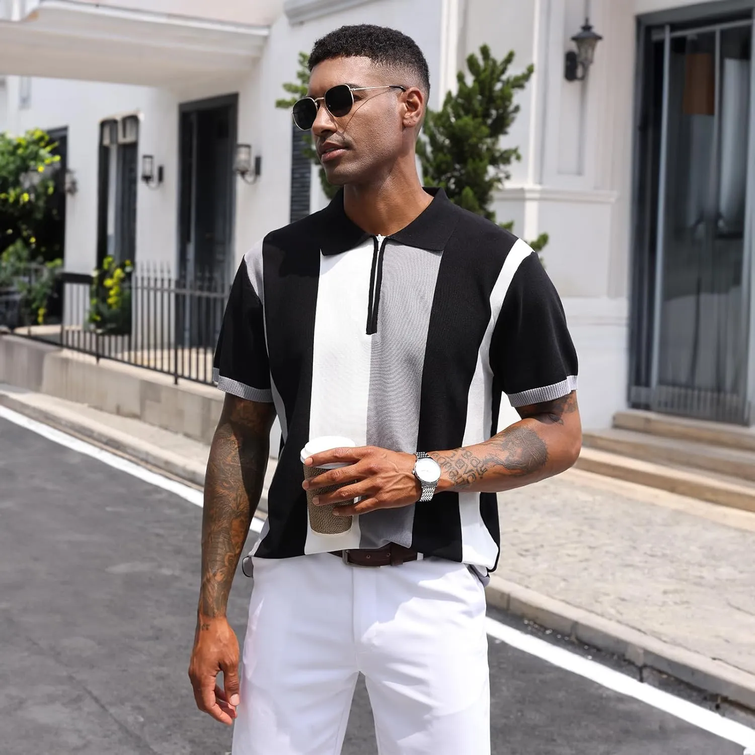 Men's Fashion Polo Shirts Vintage Striped Knitting Shirts Casual Slim Fit Golf Shirts