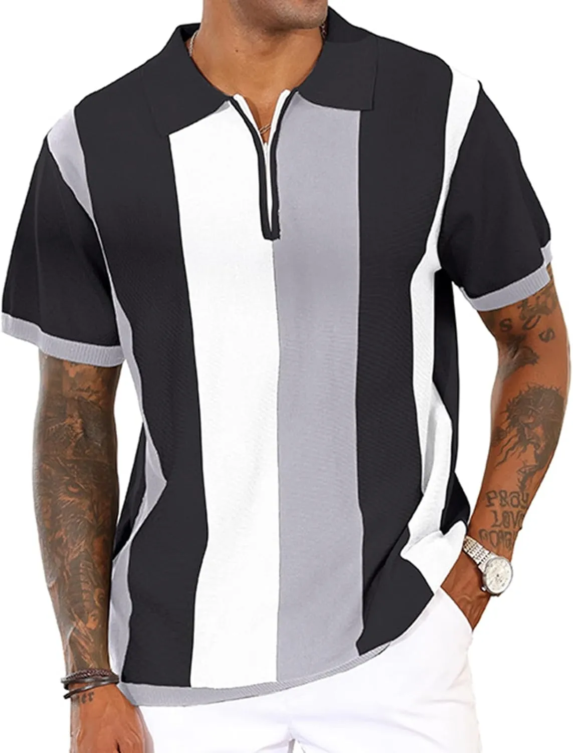 Men's Fashion Polo Shirts Vintage Striped Knitting Shirts Casual Slim Fit Golf Shirts