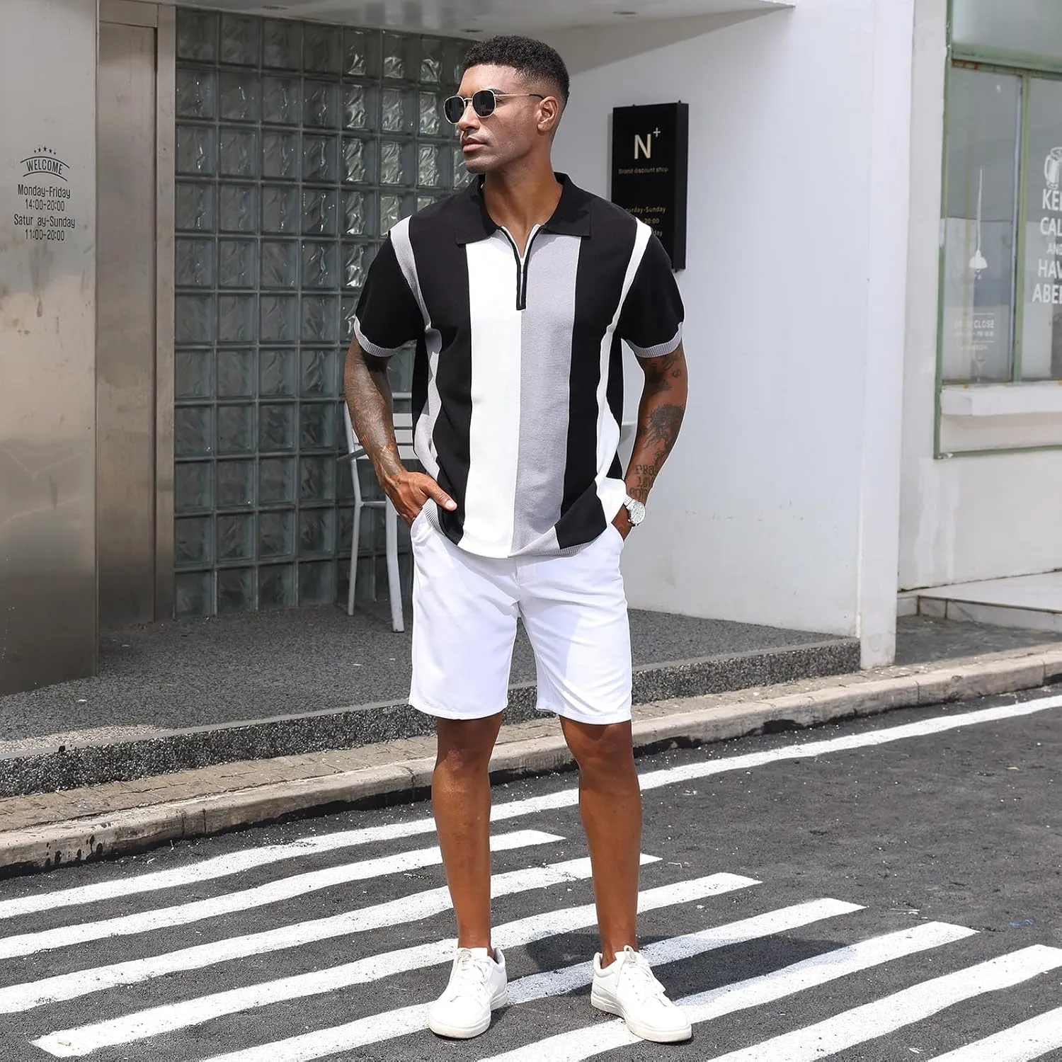 Men's Fashion Polo Shirts Vintage Striped Knitting Shirts Casual Slim Fit Golf Shirts