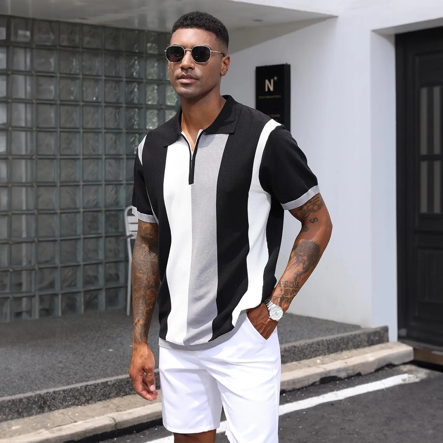 Men's Fashion Polo Shirts Vintage Striped Knitting Shirts Casual Slim Fit Golf Shirts