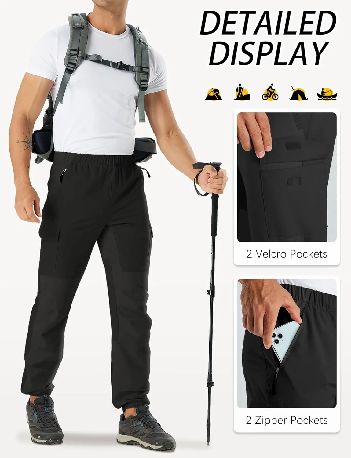 Mens Hiking Pants Cargo Sweatpant with Zipper Pocket Stretch Tactical Trousers Jogger Pant for Travel