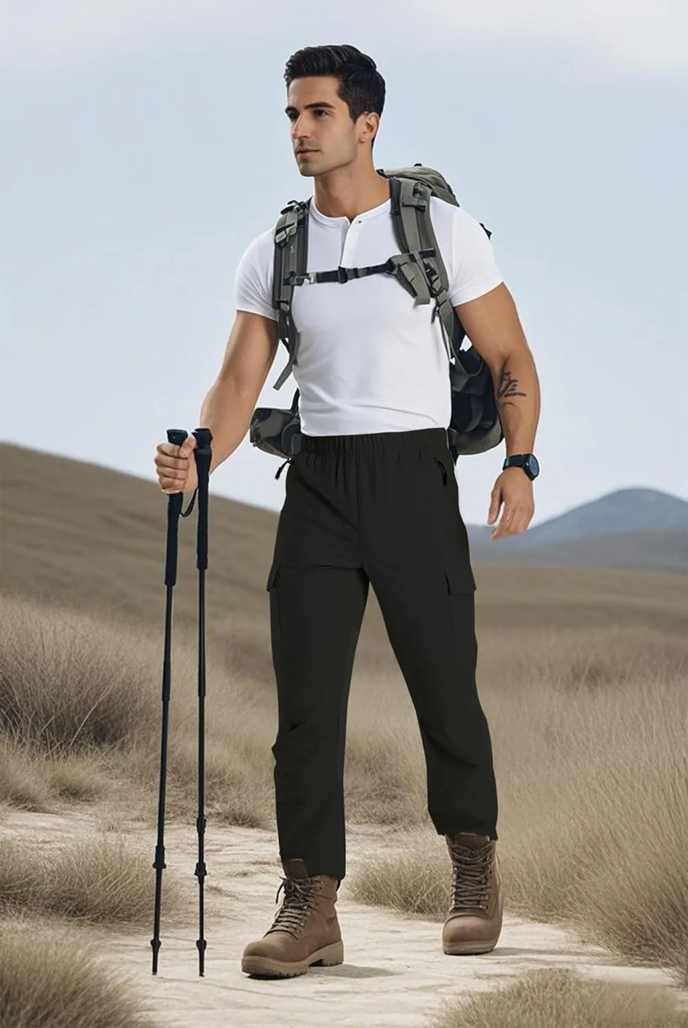 Mens Hiking Pants Cargo Sweatpant with Zipper Pocket Stretch Tactical Trousers Jogger Pant for Travel