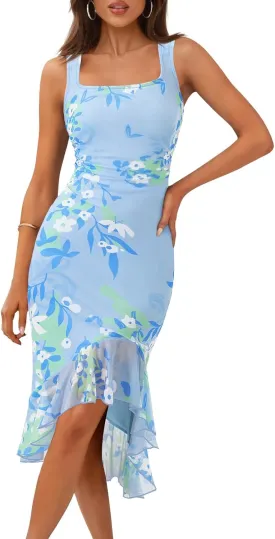 MEROKEETY Women's Summer Floral Bodycon Dress Square Neck Sleeveless Ruffle Hem Cocktail Mesh Midi Dress