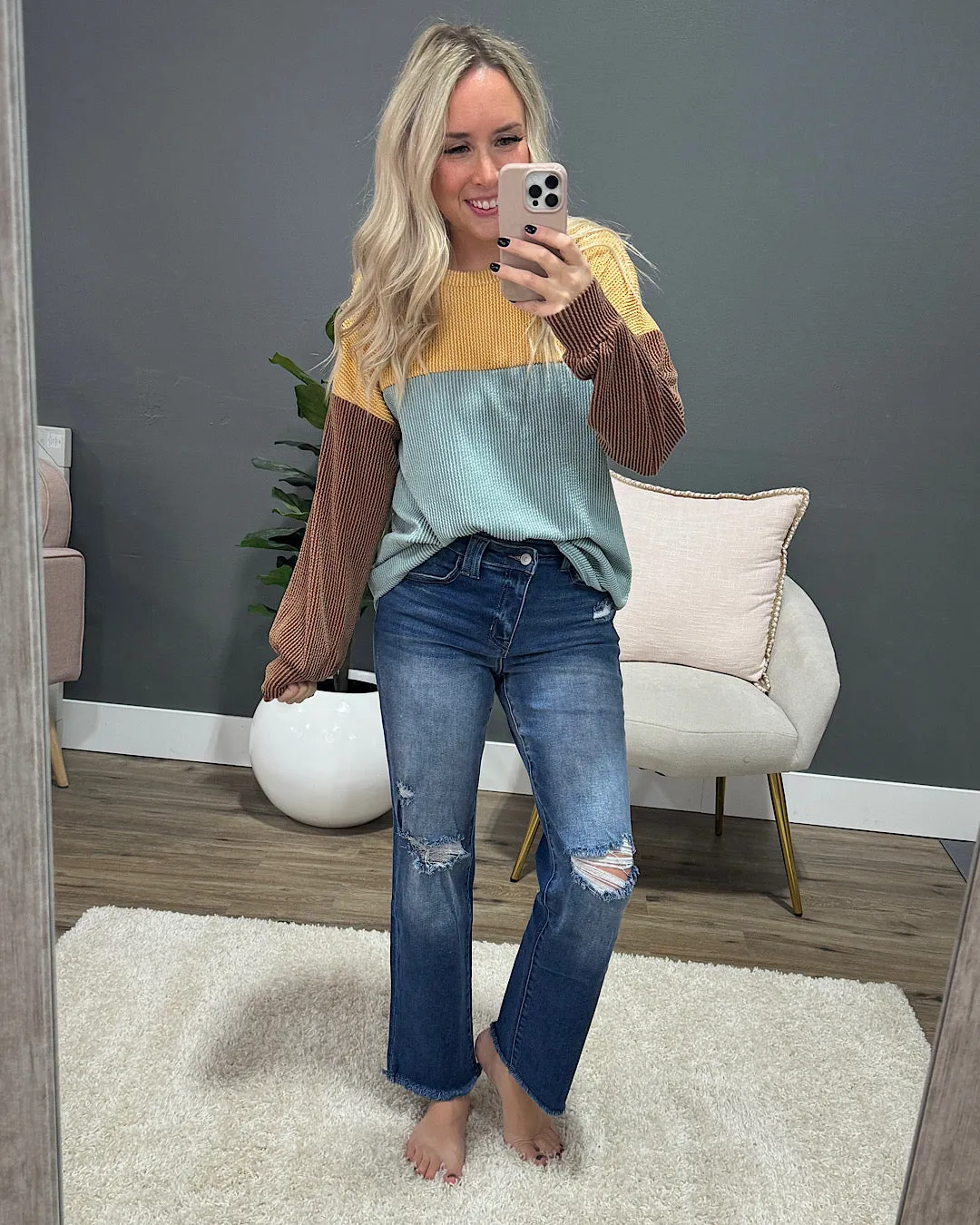 NEW! Adele Color Block Corded Top - Curry, Sage & Chestnut