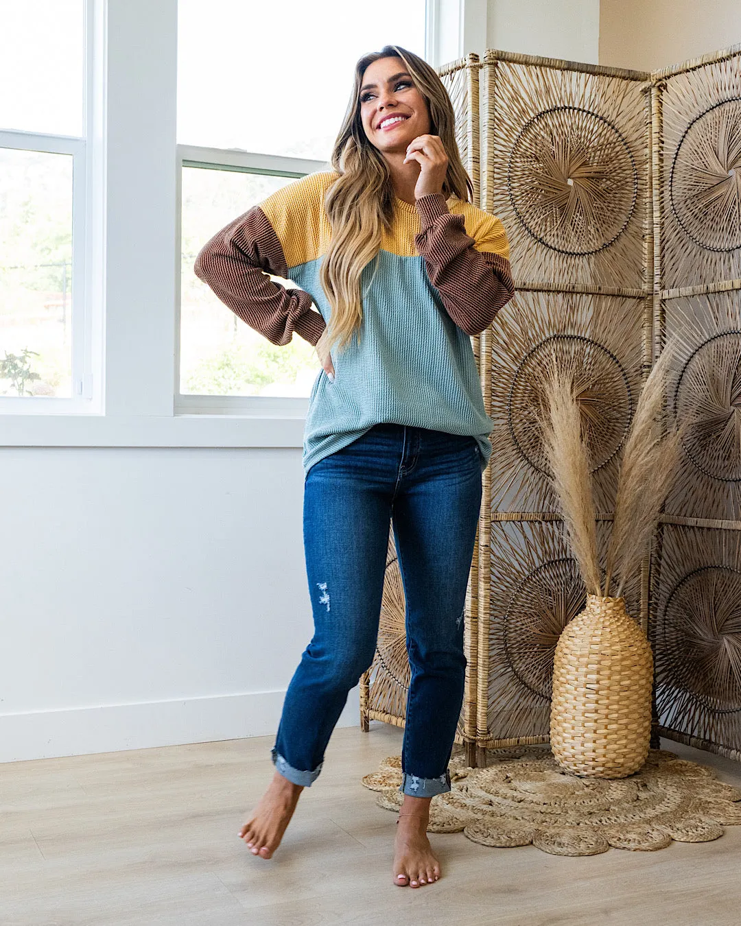 NEW! Adele Color Block Corded Top - Curry, Sage & Chestnut