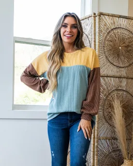 NEW! Adele Color Block Corded Top - Curry, Sage & Chestnut