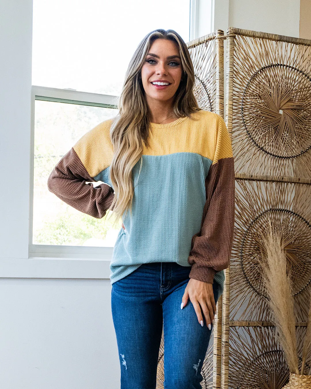 NEW! Adele Color Block Corded Top - Curry, Sage & Chestnut