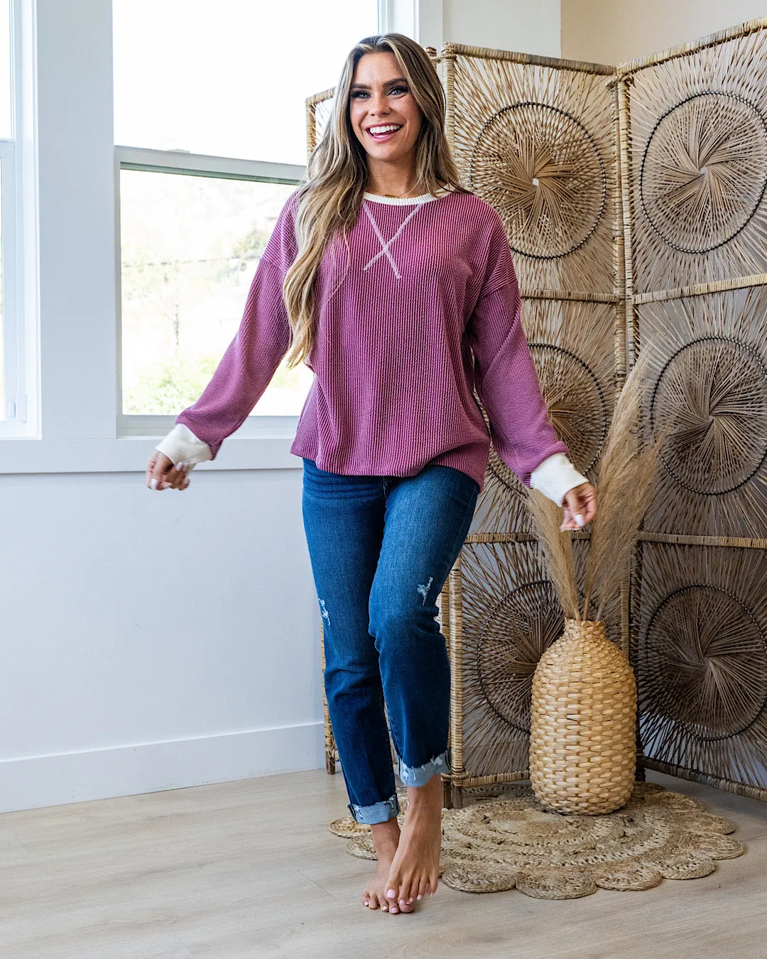 NEW! Don't Go Contrast Corded Top - Plum