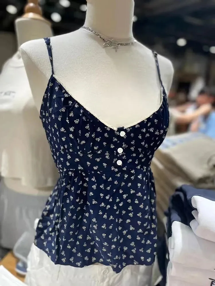 New Red Plaid Buttons Slim Tank Top Women Lace Trim V-neck Back Lace-up Cotton Camis Summer Vintage Sweet Sleeveless Vests Y2k
