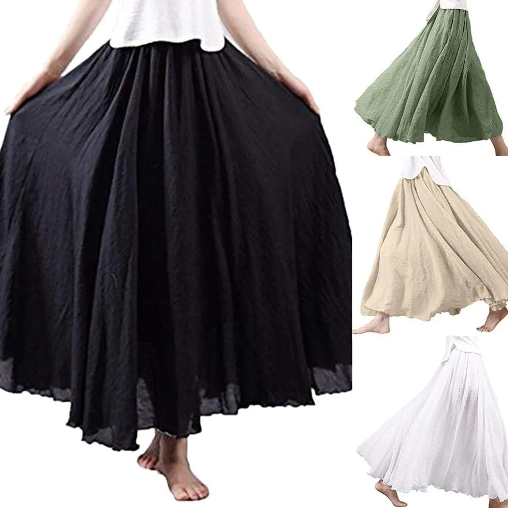NREALY Falda Women's 3/4 Bohemian Style Elastic Waist Band Cotton Linen Long Maxi Dress Skirt