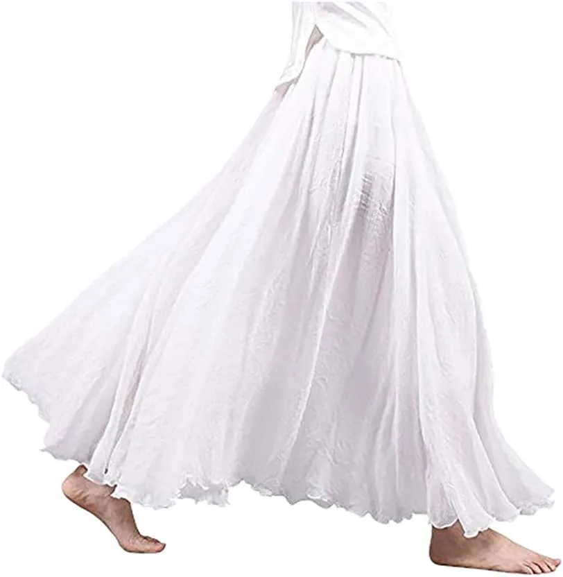 NREALY Falda Women's 3/4 Bohemian Style Elastic Waist Band Cotton Linen Long Maxi Dress Skirt