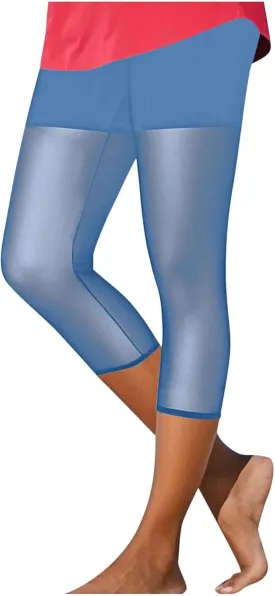 Oplxuo Women's Sheer Mesh Capri Leggings High Waisted Cropped Yoga Pants Tight Workout Pants Summer Casual Leggings