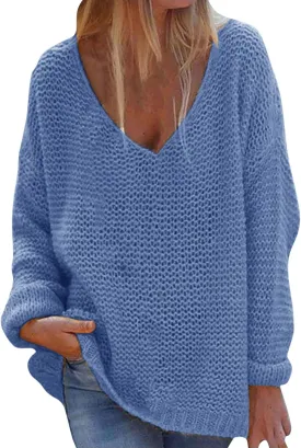 Oversized Hollow V Neck Sweaters for Women 2025 Fall Winter Solid Long Sleeve Loose Knitted Pullovers Jumper Tops