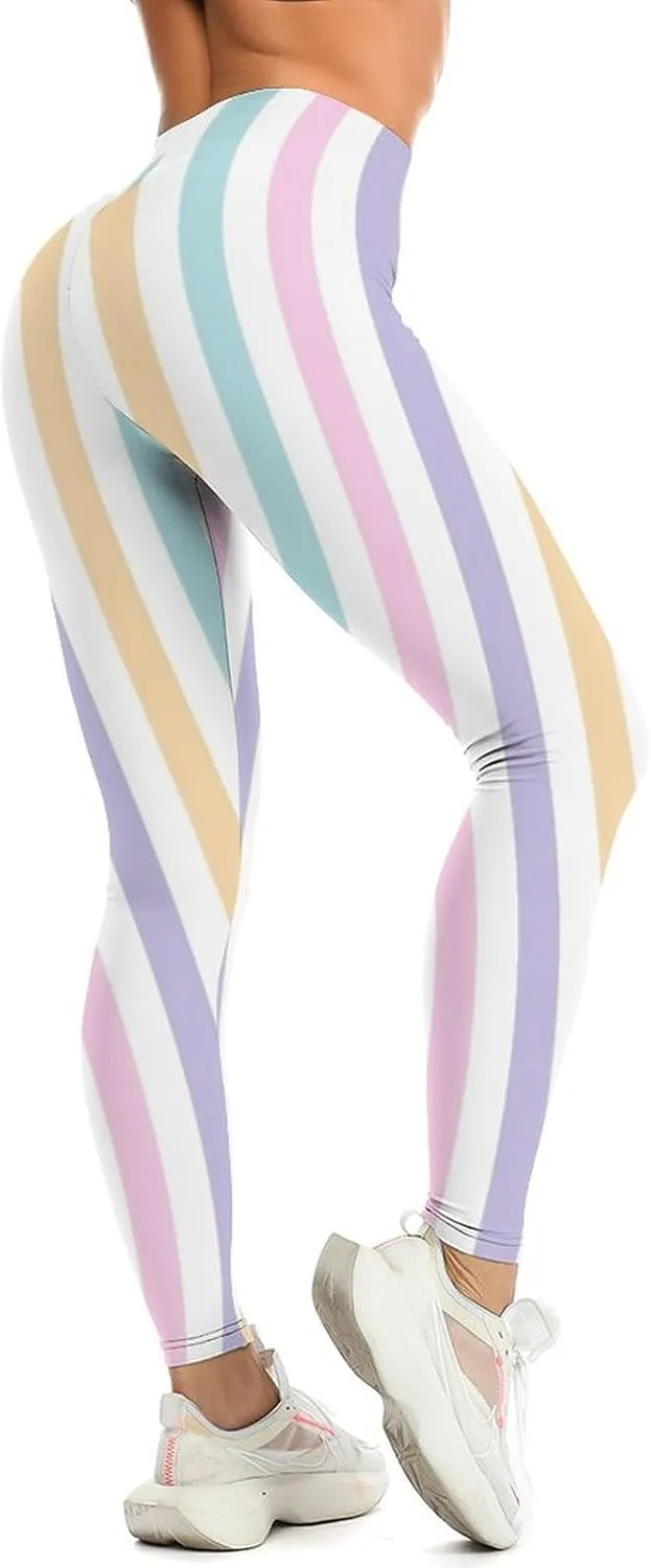 Pastel Colorful Stripes Leggings Workout Leggings for Women Tummy Control