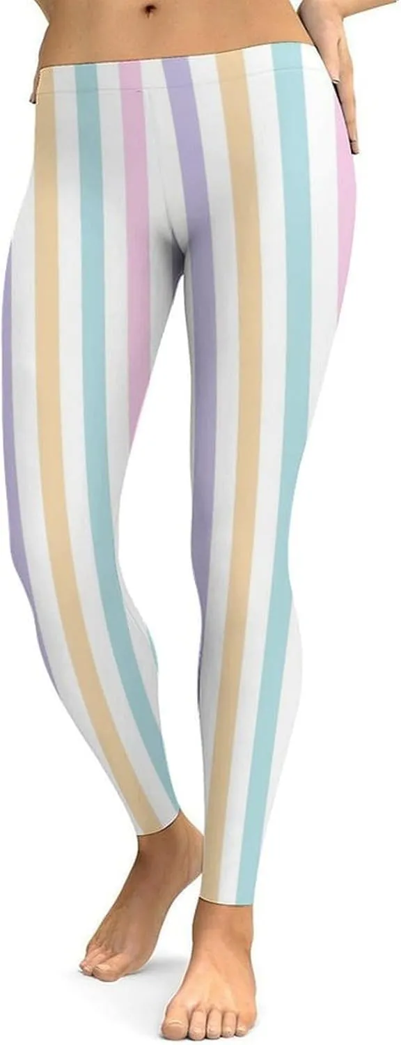 Pastel Colorful Stripes Leggings Workout Leggings for Women Tummy Control
