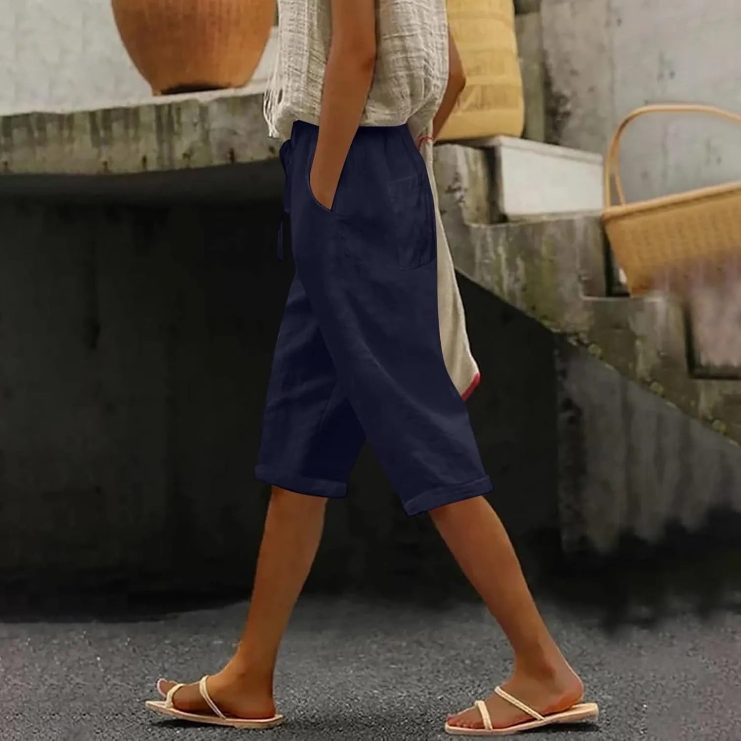 Petite Linen Pants for Women Drawstring Pants Capri Linen Pants for Women Women's Linen Cropped Pants Tapered Ankle