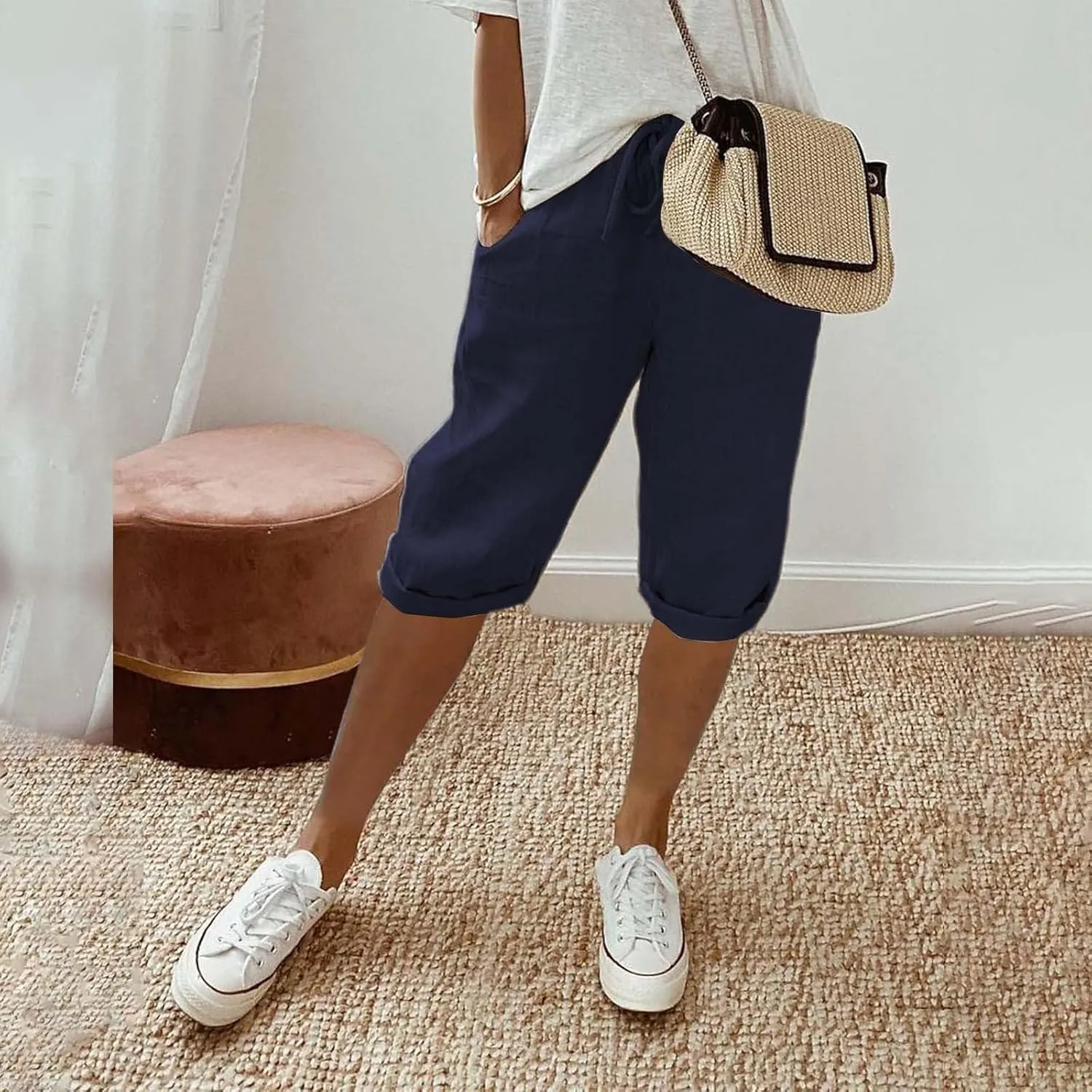Petite Linen Pants for Women Drawstring Pants Capri Linen Pants for Women Women's Linen Cropped Pants Tapered Ankle