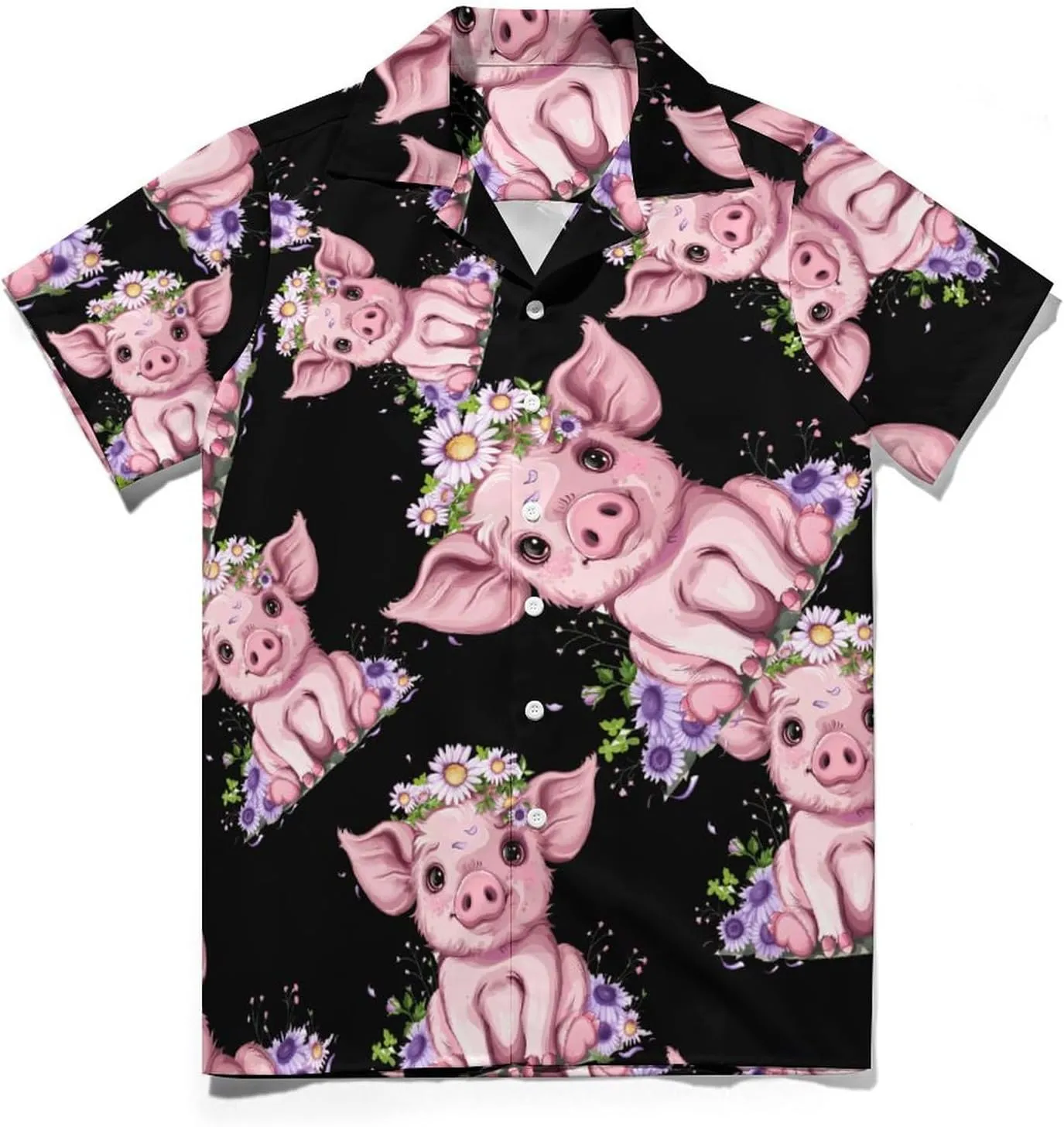 Pigs Animals Floral Print Men's Hawaiian Shirt Cuban Collar Shirt Short Sleeve Button Down Tops Beach T Shirts