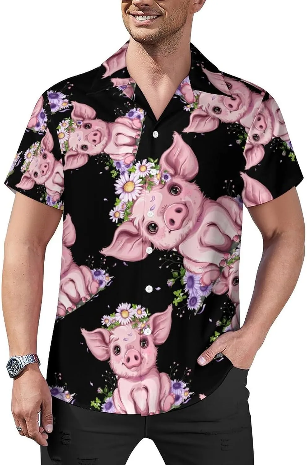 Pigs Animals Floral Print Men's Hawaiian Shirt Cuban Collar Shirt Short Sleeve Button Down Tops Beach T Shirts