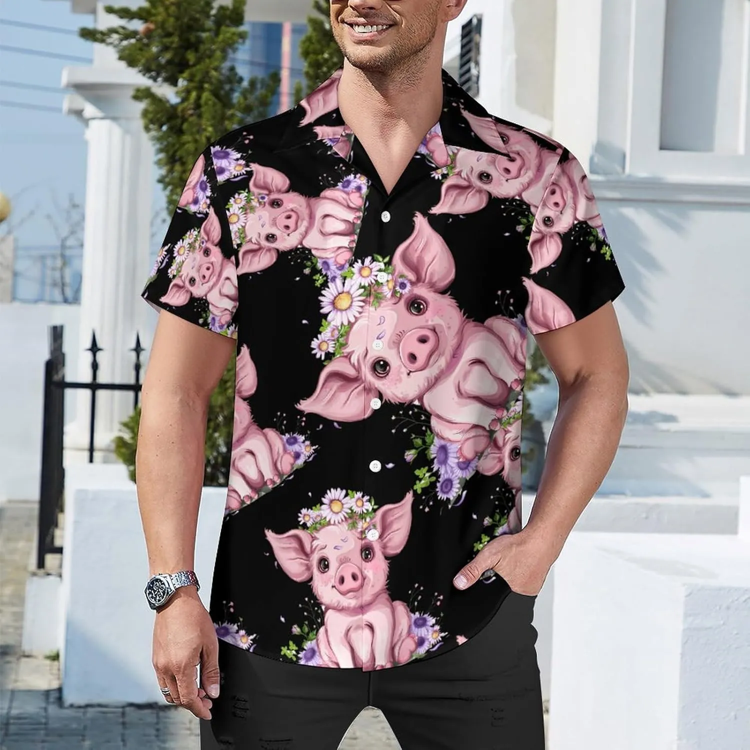 Pigs Animals Floral Print Men's Hawaiian Shirt Cuban Collar Shirt Short Sleeve Button Down Tops Beach T Shirts