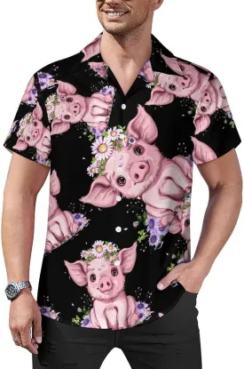 Pigs Animals Floral Print Men's Hawaiian Shirt Cuban Collar Shirt Short Sleeve Button Down Tops Beach T Shirts