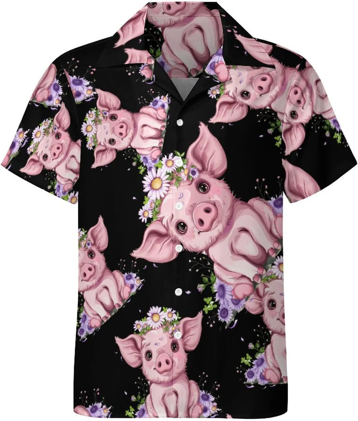 Pigs Animals Floral Print Men's Hawaiian Shirt Cuban Collar Shirt Short Sleeve Button Down Tops Beach T Shirts