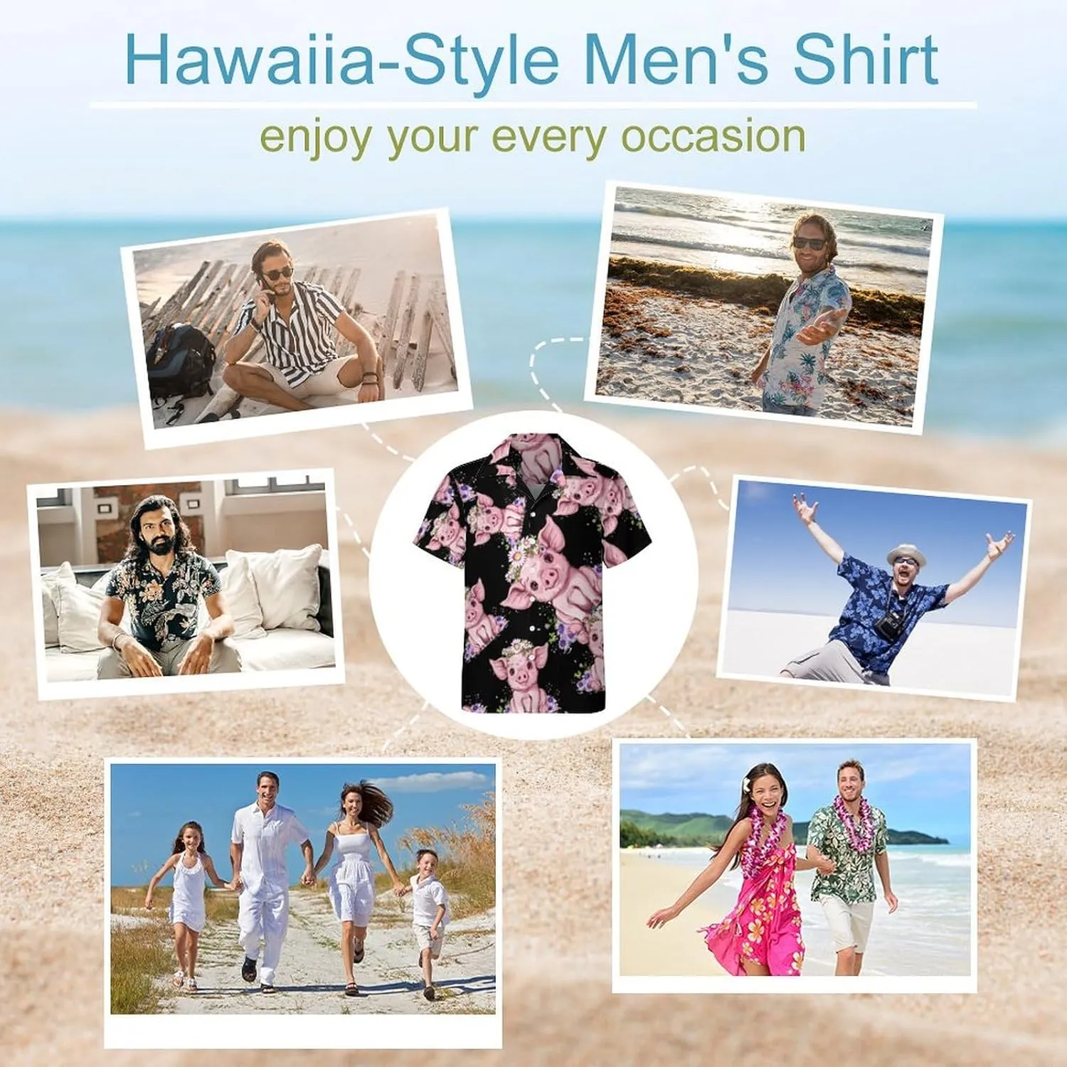 Pigs Animals Floral Print Men's Hawaiian Shirt Cuban Collar Shirt Short Sleeve Button Down Tops Beach T Shirts