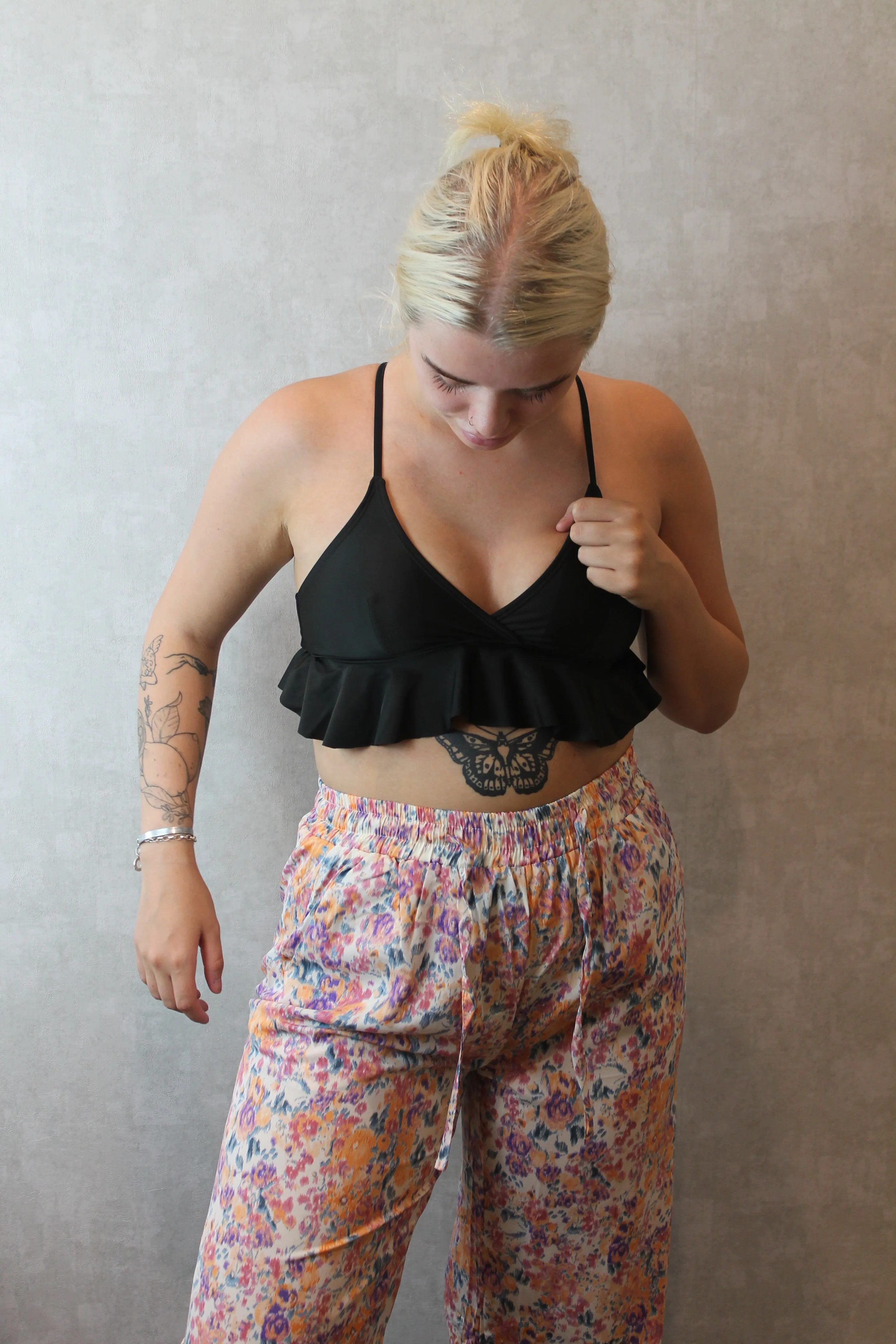 Pink Floral Print Flat Waist Tie Front Trousers