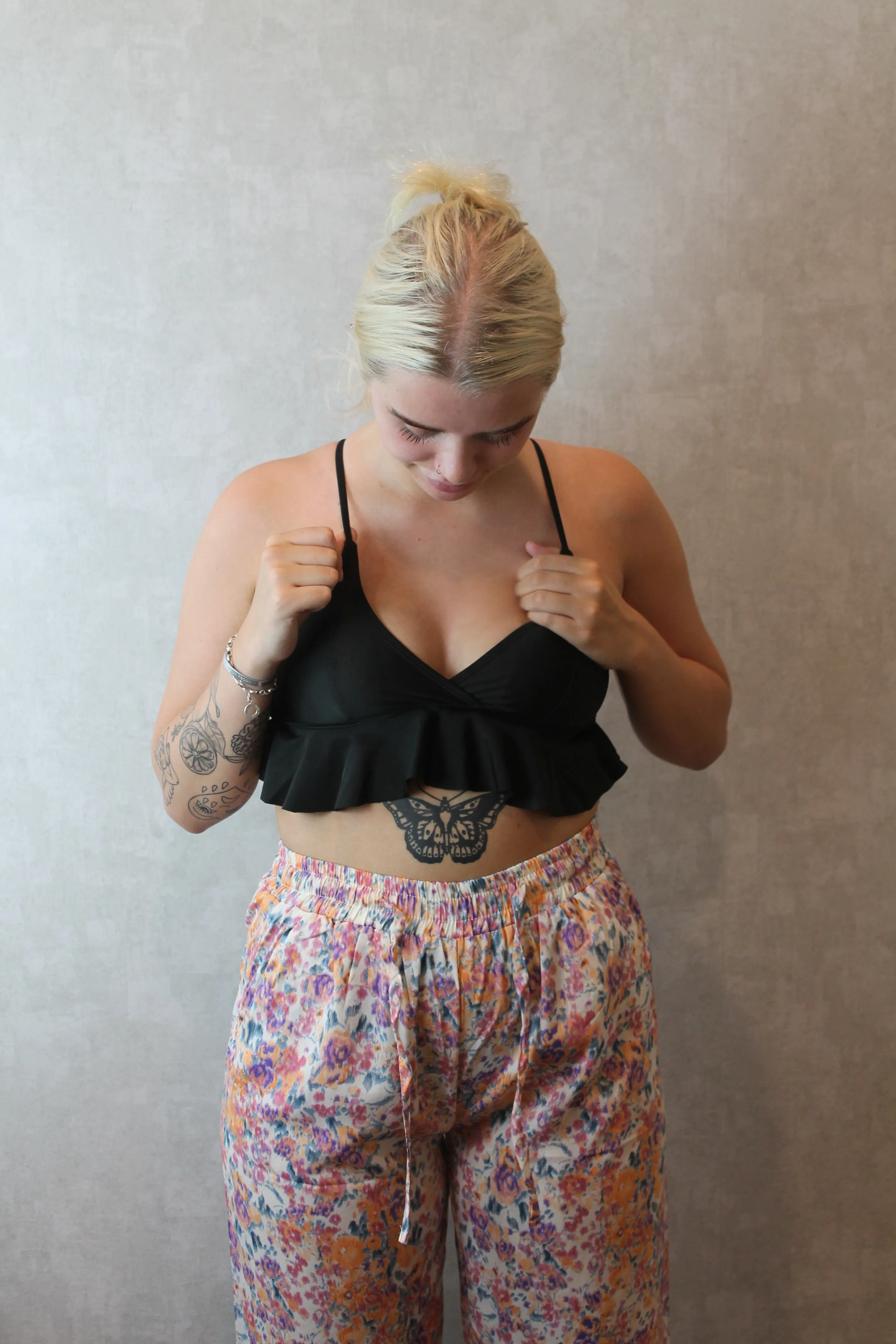 Pink Floral Print Flat Waist Tie Front Trousers