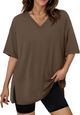 Plus Size Tops for Women Oversized Tshirts Short Sleeve V Neck Tunic Side Slit Blouse Dressy Plain Basic Tees