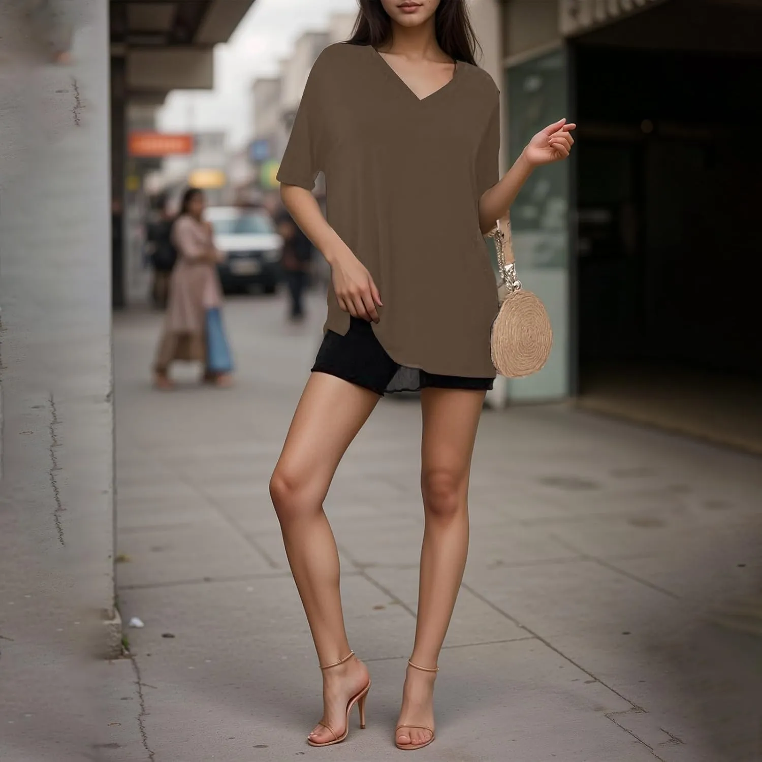 Plus Size Tops for Women Oversized Tshirts Short Sleeve V Neck Tunic Side Slit Blouse Dressy Plain Basic Tees