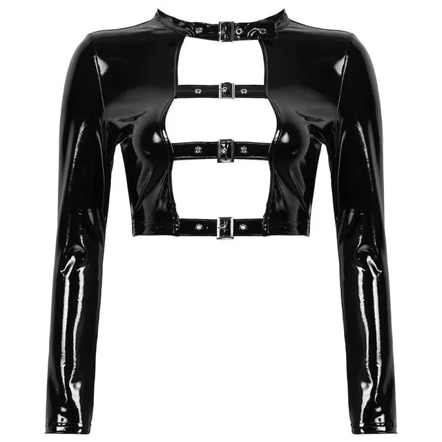 'Rebound' Black Patent Faux Leather Buckle Top