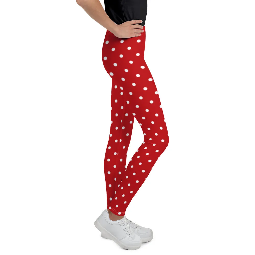 Red and White Polka Dots Girls Leggings (8-20), Kids Youth Teen Tween Christmas Holiday Workout Running Cute Gym Yoga Tights Pants
