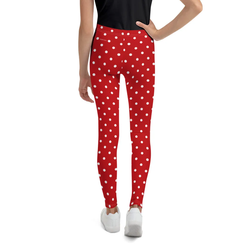 Red and White Polka Dots Girls Leggings (8-20), Kids Youth Teen Tween Christmas Holiday Workout Running Cute Gym Yoga Tights Pants