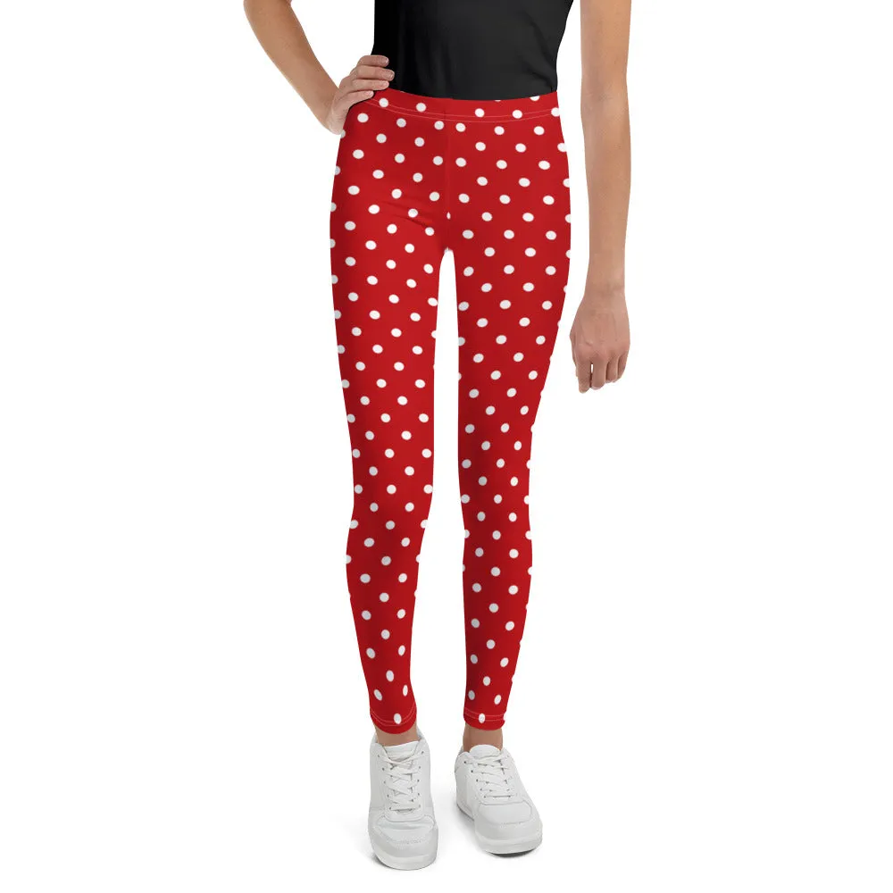 Red and White Polka Dots Girls Leggings (8-20), Kids Youth Teen Tween Christmas Holiday Workout Running Cute Gym Yoga Tights Pants