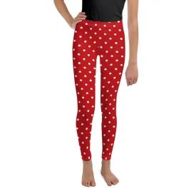 Red and White Polka Dots Girls Leggings (8-20), Kids Youth Teen Tween Christmas Holiday Workout Running Cute Gym Yoga Tights Pants