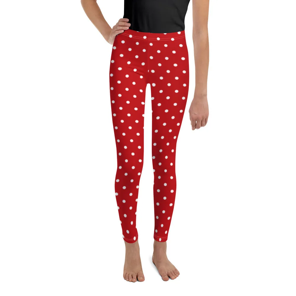 Red and White Polka Dots Girls Leggings (8-20), Kids Youth Teen Tween Christmas Holiday Workout Running Cute Gym Yoga Tights Pants