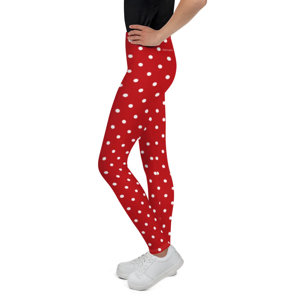Red and White Polka Dots Girls Leggings (8-20), Kids Youth Teen Tween Christmas Holiday Workout Running Cute Gym Yoga Tights Pants