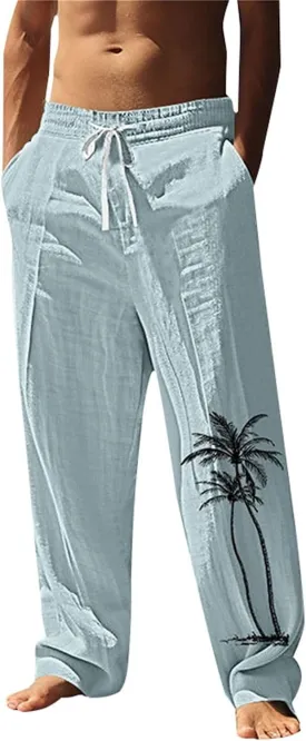 Relaxed Fit Hawaiian Tropical Leaf Pants for Men Lightweight Beach Sweatpants Comfy Lounge Graphic Vacation Drawstring
