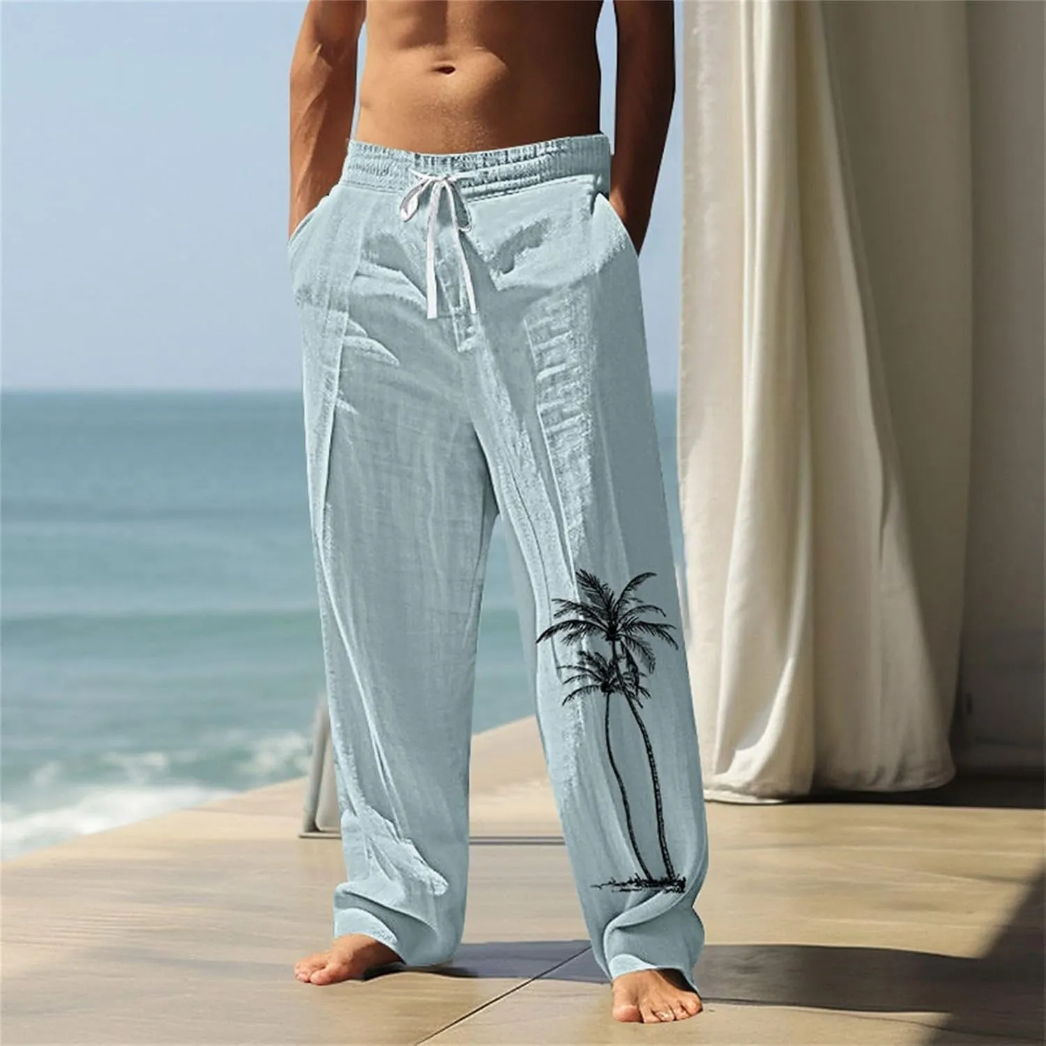Relaxed Fit Hawaiian Tropical Leaf Pants for Men Lightweight Beach Sweatpants Comfy Lounge Graphic Vacation Drawstring