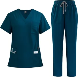 Scrubs for Women Set Stretch V-Neck Scrub Tops with Pockets & Cargo Pant Quick Drying Solid Nurse Uniform