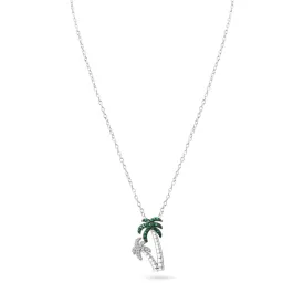 Silver 925 Rhodium Plated Green and Clear Two Palm Tree Pendant Necklace