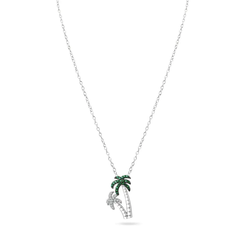 Silver 925 Rhodium Plated Green and Clear Two Palm Tree Pendant Necklace