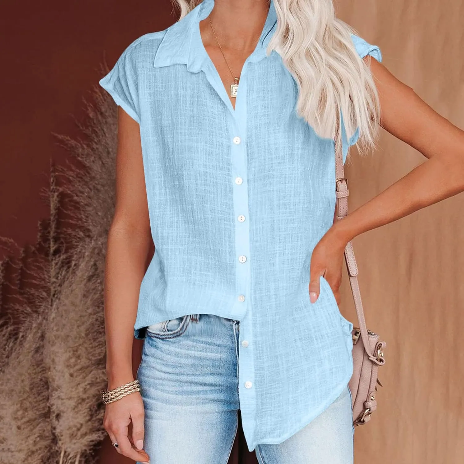 Summer Tops for Women 2024 Trendy Cotton Linen Button Down Shirts Dressy Cap Sleeve Collared Business Casual Blouses